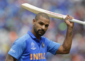 LONDON, ENGLAND - JUNE 09: Shikhar Dhawan of India walks off after being caught out during the Group Stage match of the ICC Cricket World Cup 2019 between India and Australia at The Oval on June 9, 2019 in London, England. (Photo by Henry Browne/Getty Images)