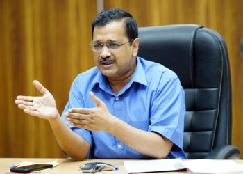 New Delhi, Aug 23 (ANI): Delhi Chief Minister Arvind Kejriwal during an interaction with traders in New Delhi on Sunday. (ANI Photo)