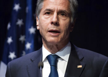 US Secretary of State Antony Blinken speaks during a joint press conference following meetings with the Icelandic Foreign Minister Gudlaugur Thor Thordarson, at the Harpa Concert Hall in Reykjavik, Iceland, Tuesday, May 18, 2021.  Blinken is touting the Biden administration's abrupt shift in its predecessor's climate policies as he visits Iceland for talks with senior officials from the world's Arctic nations. (Saul Loeb/Pool Photo via AP)