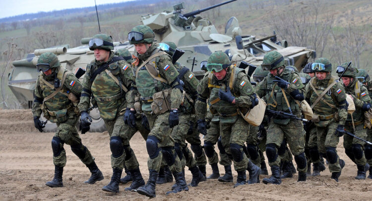 Russian military troops take part in a military drill on Sernovodsky polygon close to the Chechnya border, some 260 km from south Russian city of Stavropol, on March 19, 2015. About 500 soldiers take part in the military exercises until March 20. AFP PHOTO / SERGEY VENYAVSKY (Photo credit should read SERGEY VENYAVSKY/AFP/Getty Images)