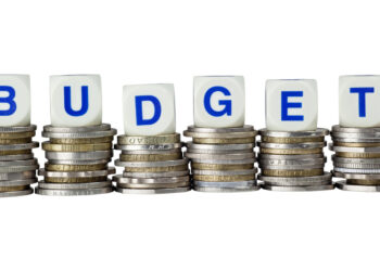 Stacks of coins with the word BUDGET isolated on white background