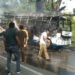 KATRA, MAY 13 (UNI):- Fire personnel trying to extinguish a fire which broke out in a passenger Bus at Nomain, in Katra on Friday. UNI PHOTO-97U