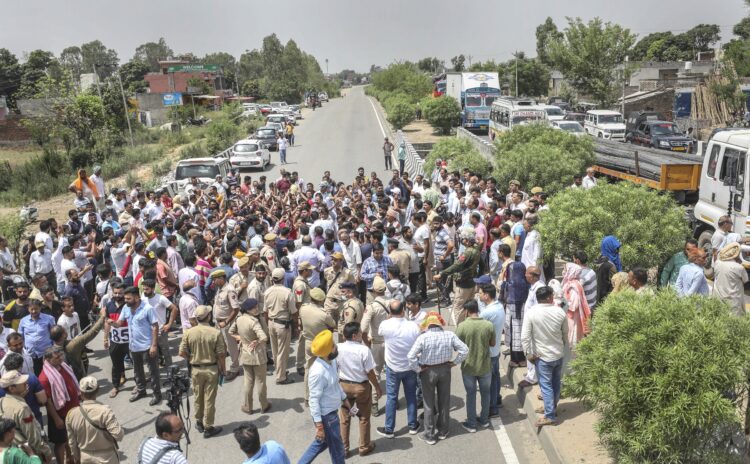 Samba: Members of Teachers Association of Jammu and Kashmir block the Jammu-Pathankot highway during a protest over the killing of government teacher Rajni Bala, in Samba,