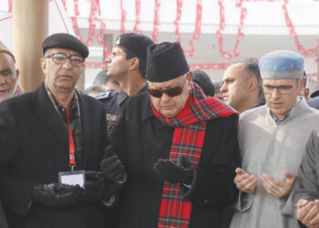SRINAGAR, DEC 5 (UNI):- National Conference leader Farooq Abdullah re-elected unopposed as president of the party, in Srinagar on Monday.UNI PHOTO-73u