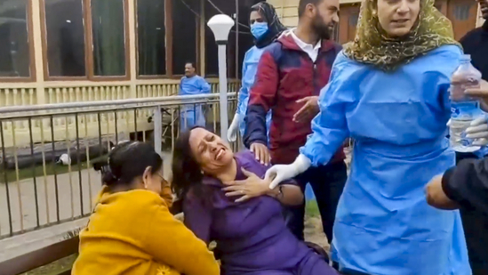 **EDS: SCREENSHOT VIA PTI VIDEOS** Anantnag: People react after terrorists attacked a group of tourists at Pahalgam, in Anantnag district, Jammu & Kashmir, Tuesday, April 22, 2025. At least one person has died and 20 suffered injuries in the attack, according to officials. (PTI Photo)(PTI04_22_2025_000386B)